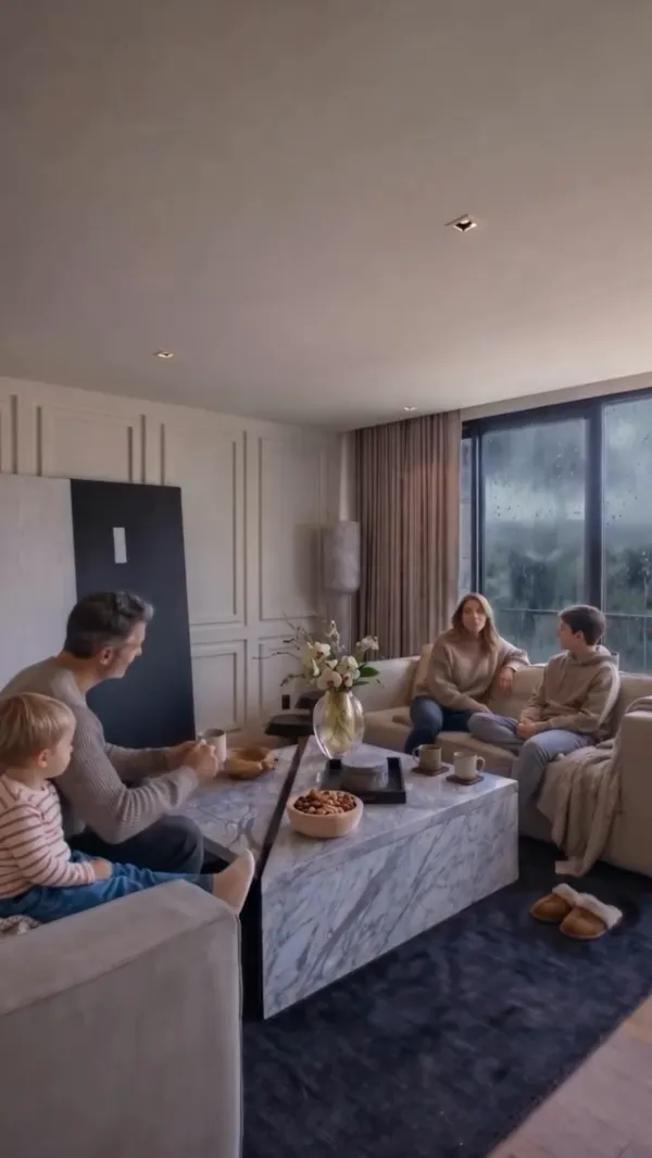 Familia conviviendo en la sala de su departamento